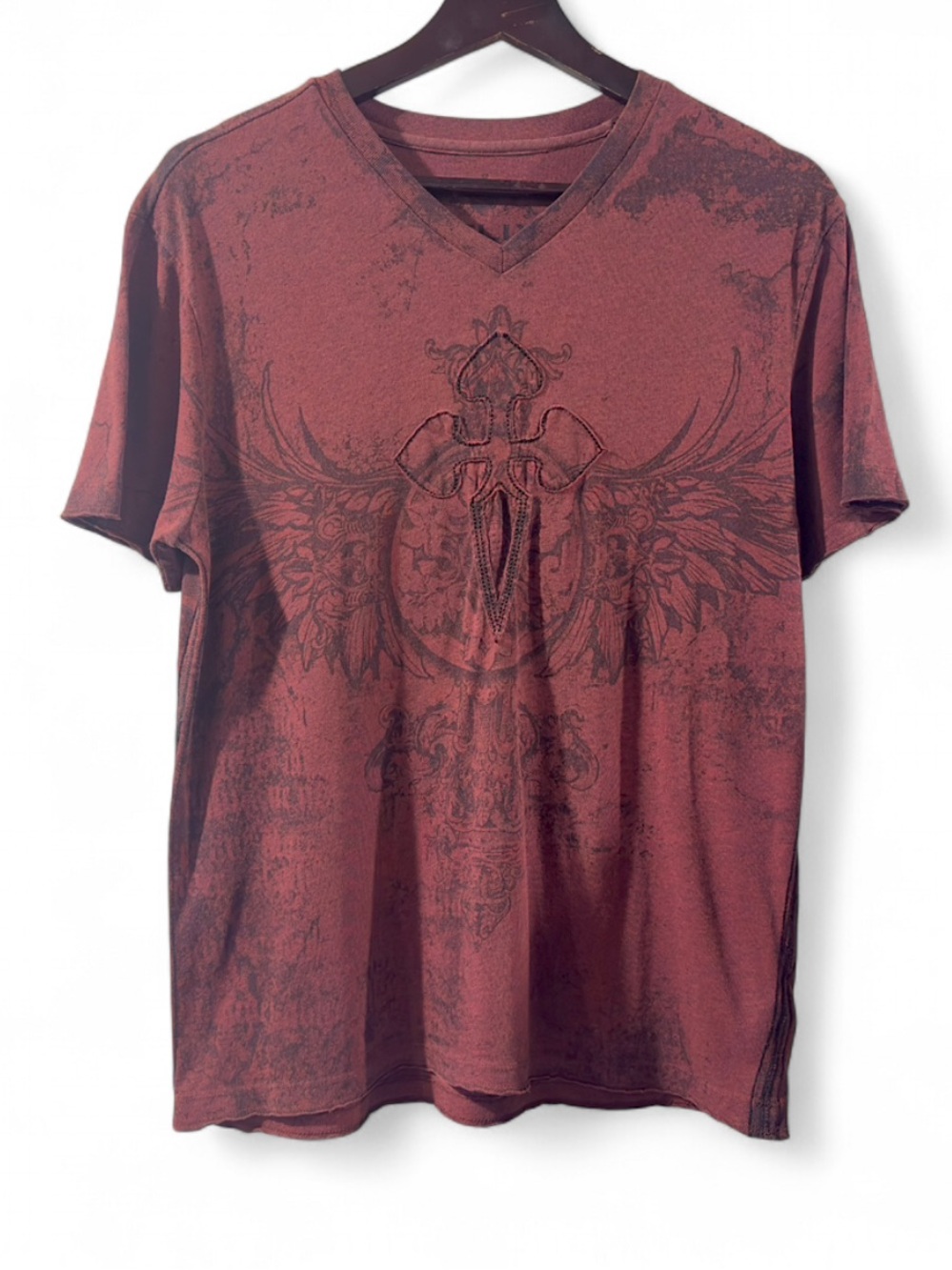 Y2K Burgundy Grunge Gothic Graphic V-Neck T-Shirt Size Men’s Medium